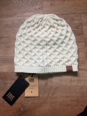 Frye Ivory Cable Knit Beanie with Leather Logo